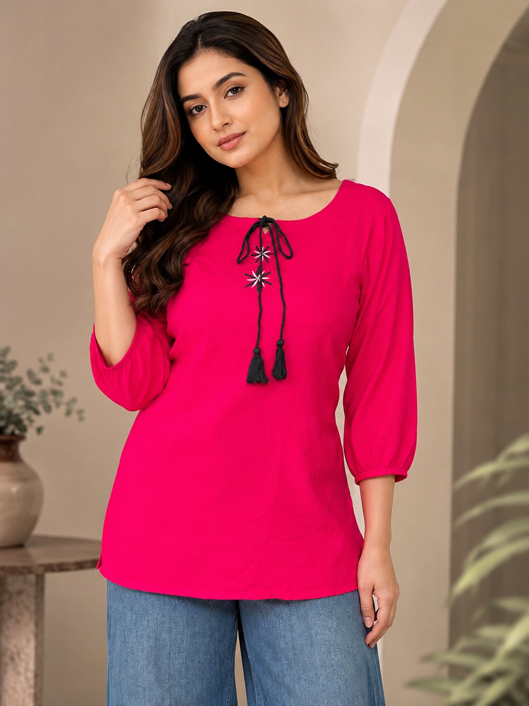 Pink Tie-Up Top with Tassels
