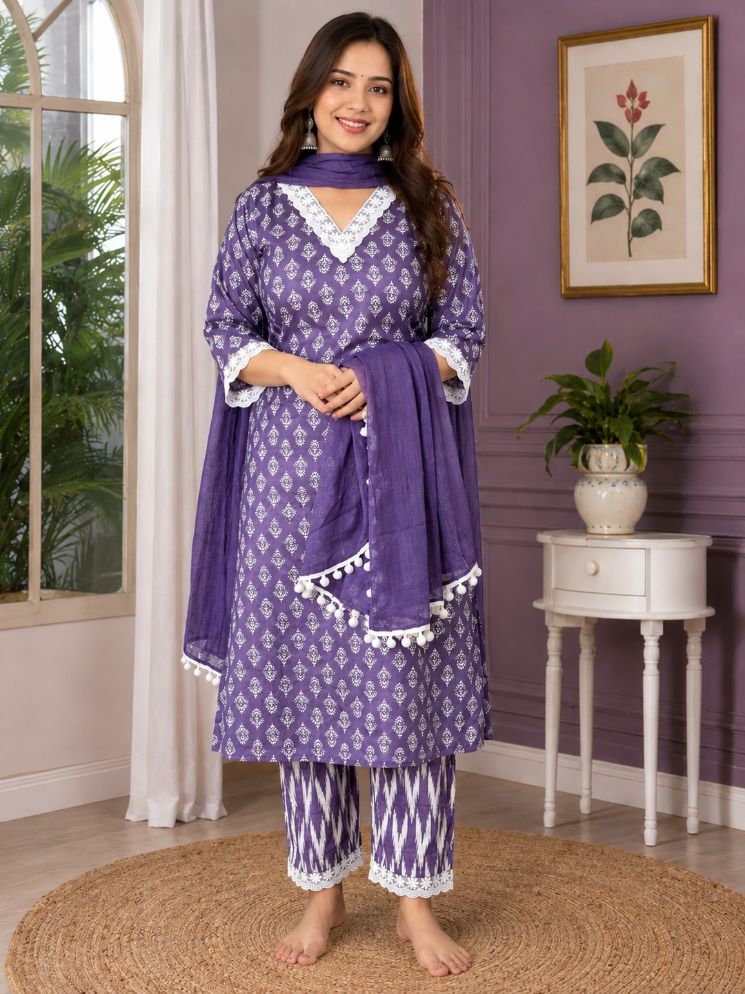Purple Printed Kurta Set with Dupatta