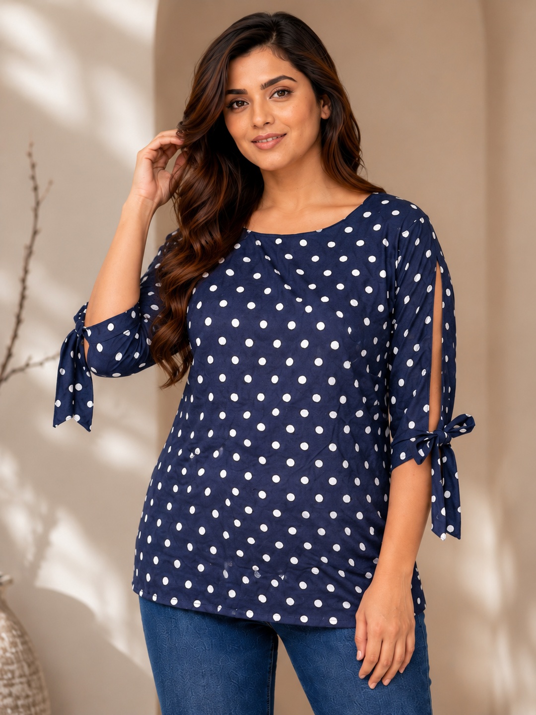 Women Navy Blue & White Polka Dot Print Tie-Up Slit Sleeve Top