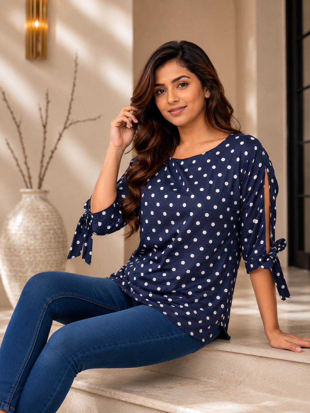 Women Navy Blue & White Polka Dot Print Tie-Up Slit Sleeve Top - View 4