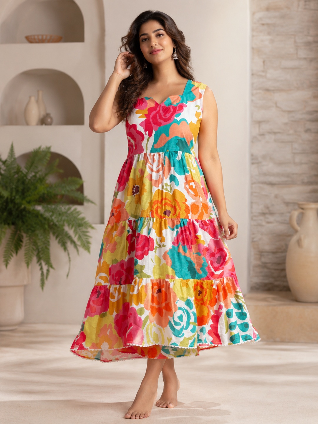 Women White & Pink Floral Print Sleeveless Tiered Cotton A-Line Midi Dress