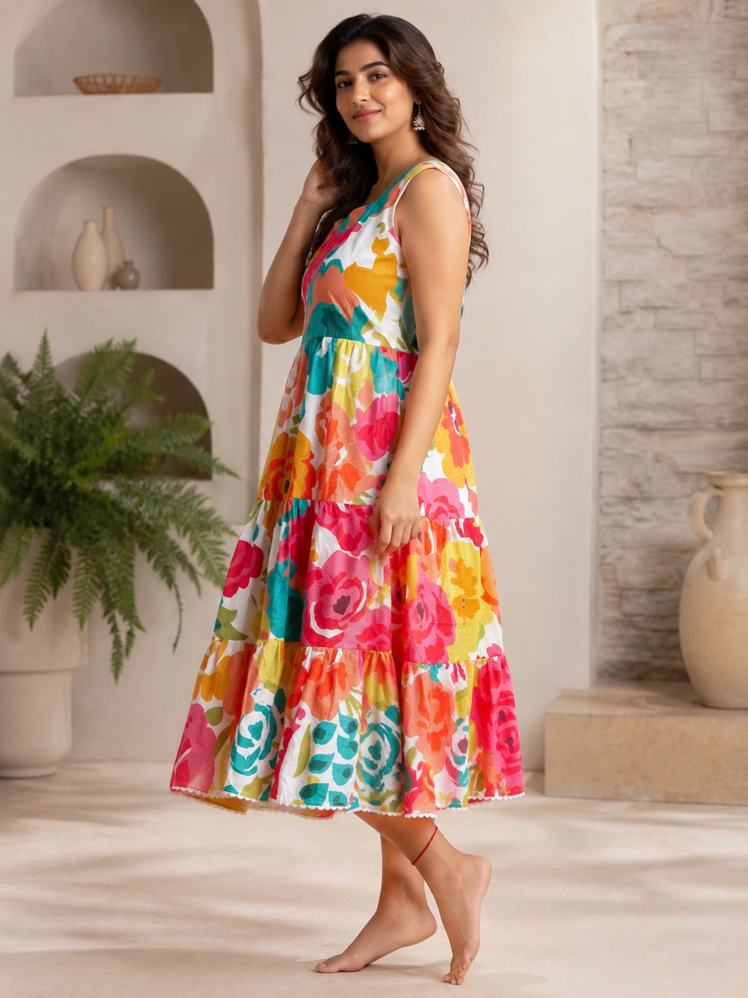 Women White & Pink Floral Print Sleeveless Tiered Cotton A-Line Midi Dress