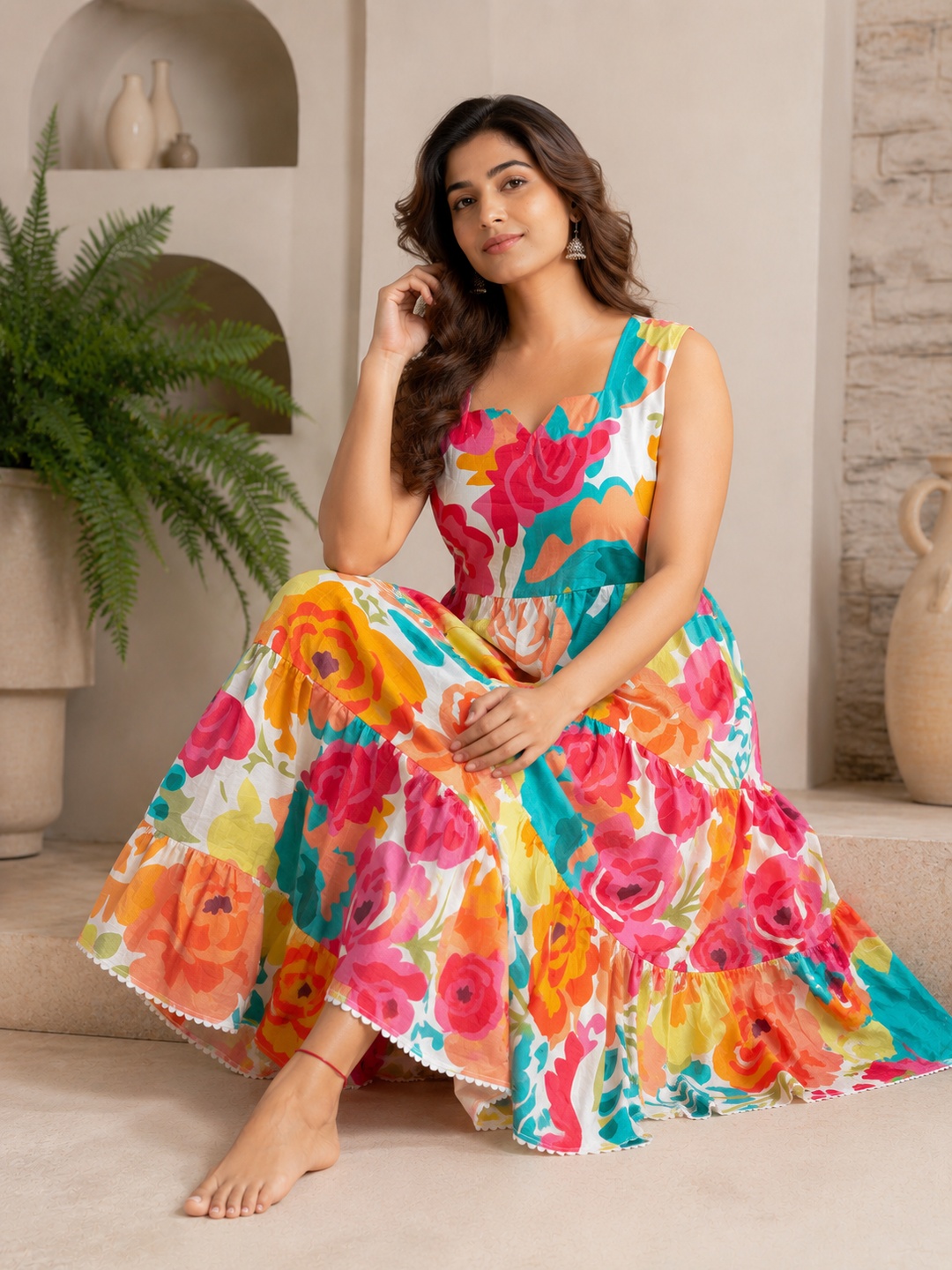 Women White & Pink Floral Print Sleeveless Tiered Cotton A-Line Midi Dress - View 4