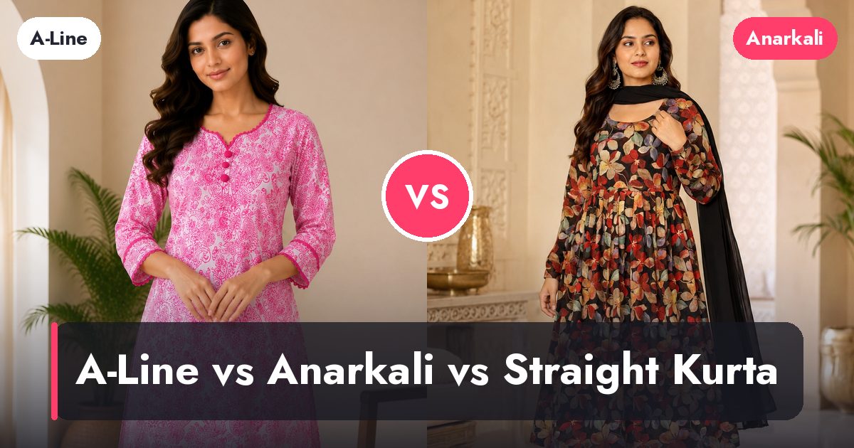 Split cover comparing an A-line cotton kurta with an Anarkali kurta set