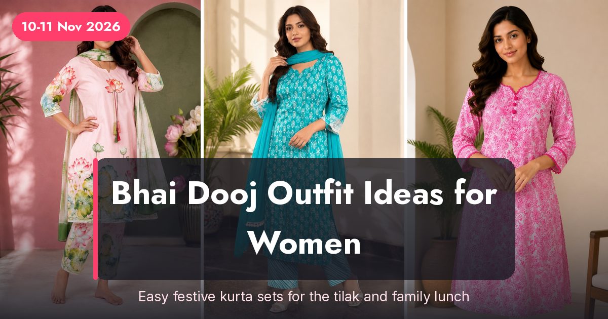 A peach kurta set, a turquoise kurta set with dupatta and a pink paisley kurta for Bhai Dooj