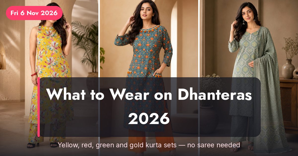 A yellow halter neck kurta set, a green kurta with orange palazzos and a sea green kurta set for Dhanteras