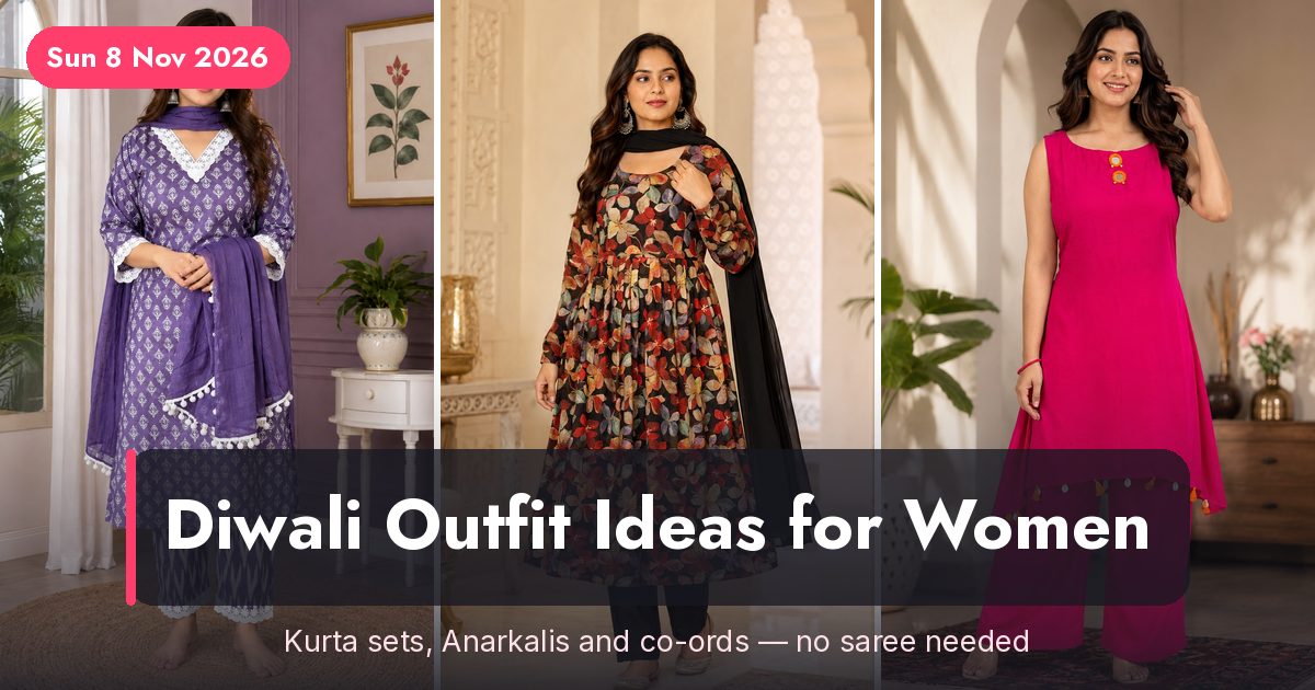 Three Siaraa festive outfits — a floral Anarkali kurta set, a printed kurta set with dupatta and a pink co-ord set