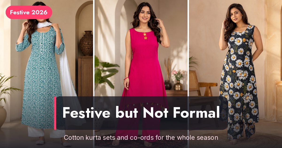 Printed kurta sets and a co-ord set laid out for Navratri, Karwa Chauth and Diwali 2026