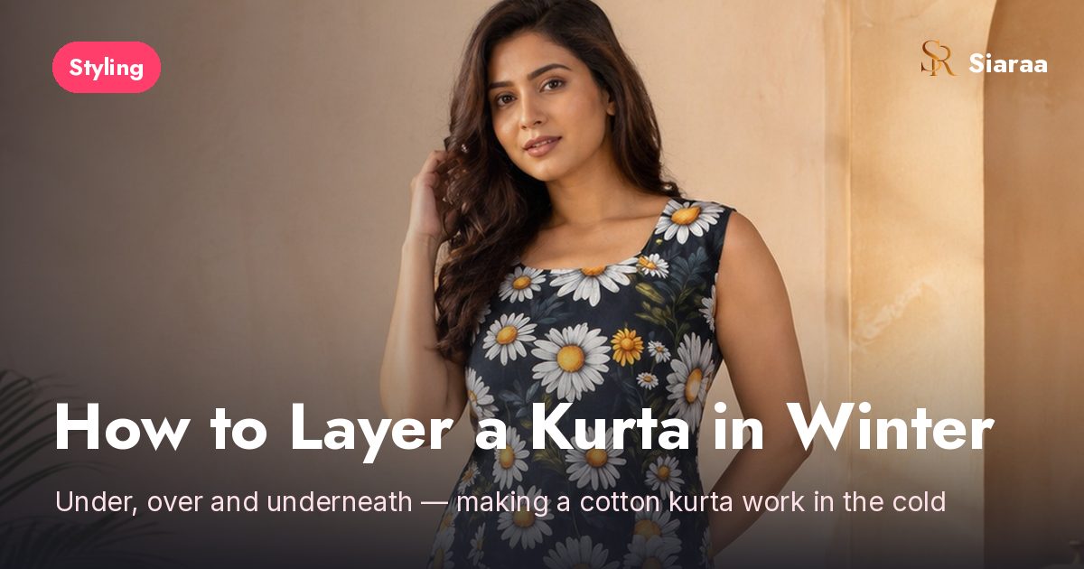 Woman in a sleeveless dark floral cotton kurta — the piece a winter layering guide turns into a cold-weather outfit