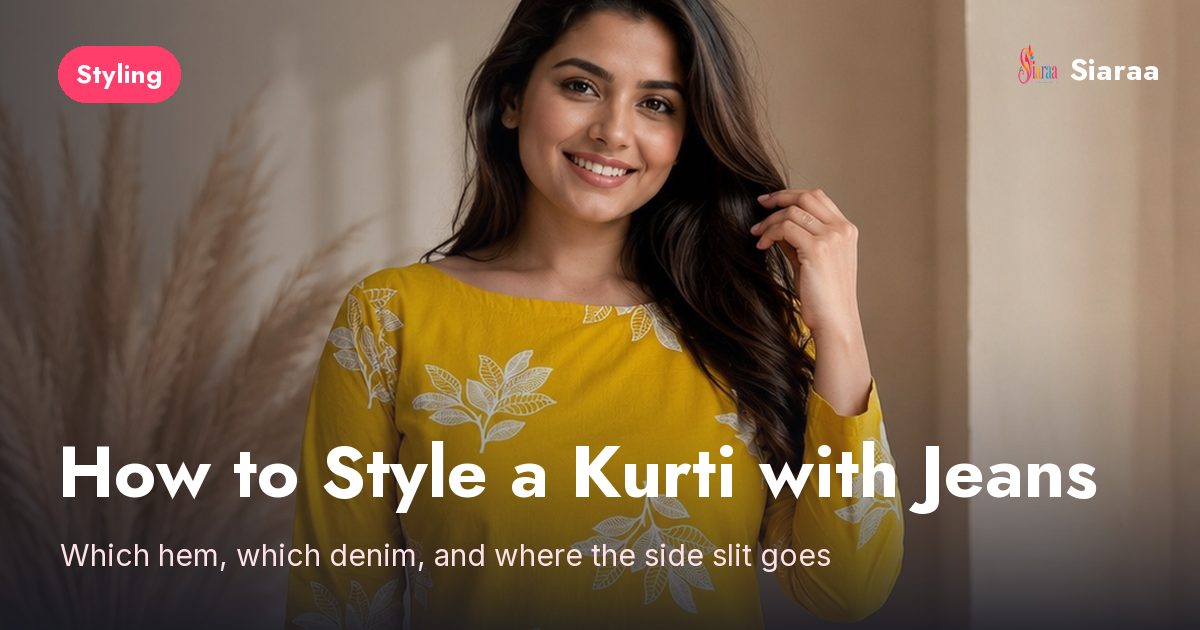 A knee-length straight printed cotton kurta styled over slim jeans