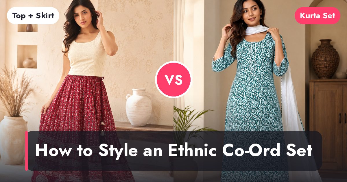 Ethnic co-ord set with a white top and red skirt beside a printed kurta set, compared side by side