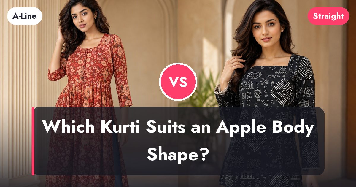 A rust A-line kurta with a side slit shown beside a straight-cut printed kurti