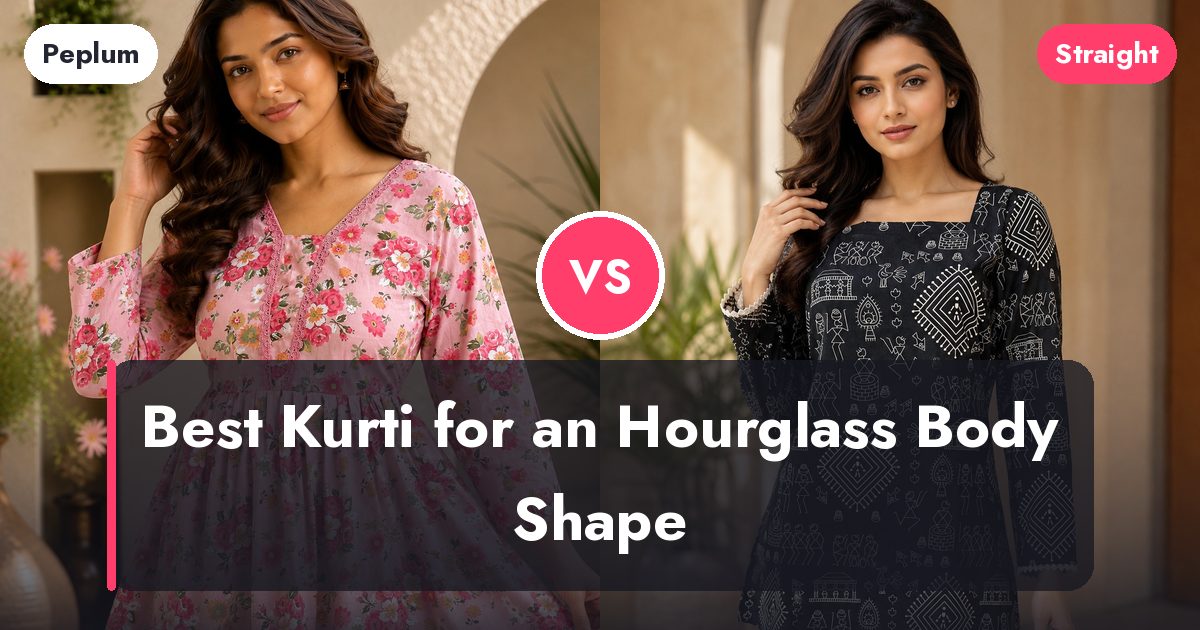 A straight-cut printed kurti shown beside a peplum top with a seam at the waist