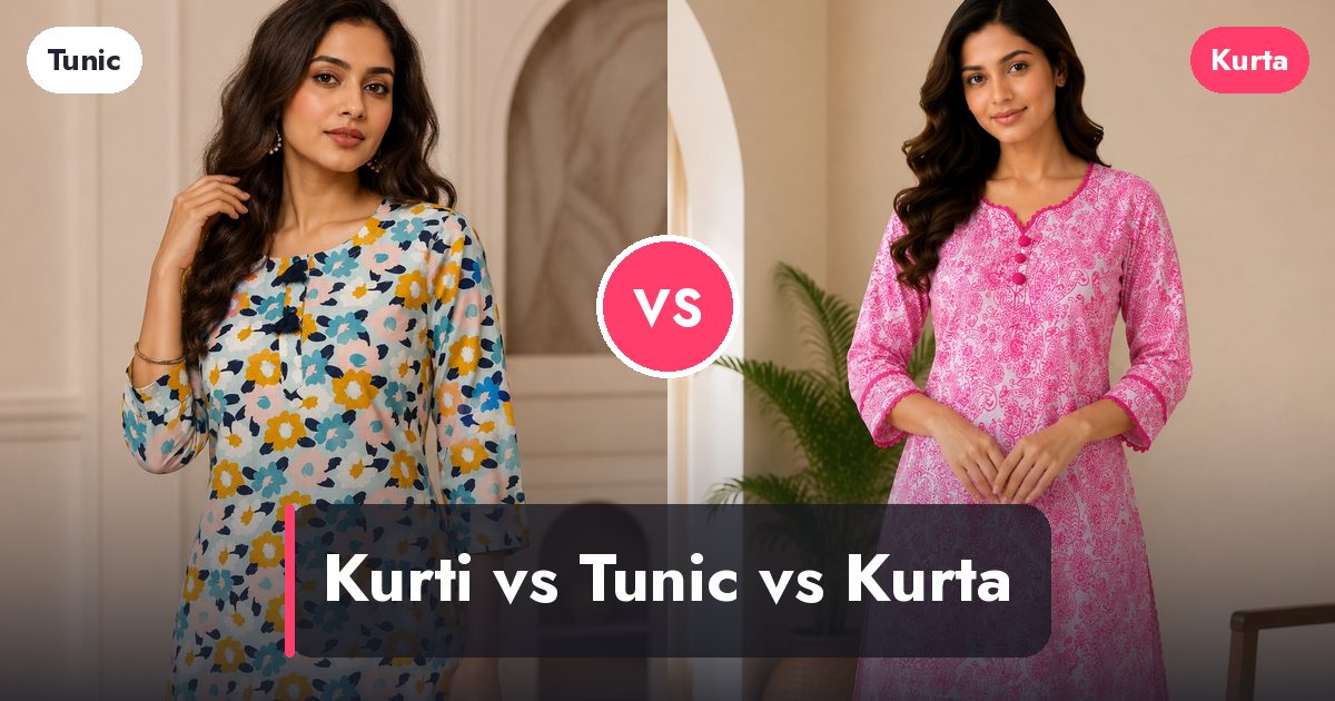 A short cotton tunic top beside a longer A-line cotton kurta, showing the difference in length