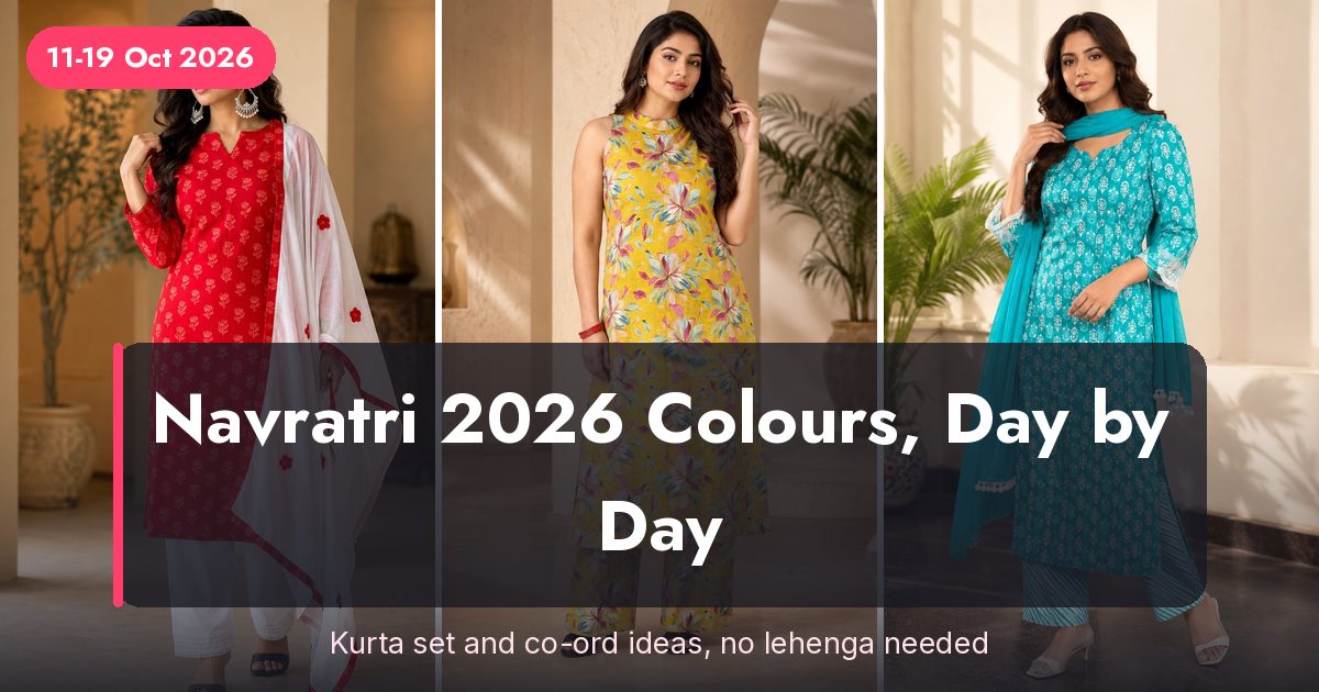 Red, yellow and purple kurta sets styled for Navratri 2026 colour days