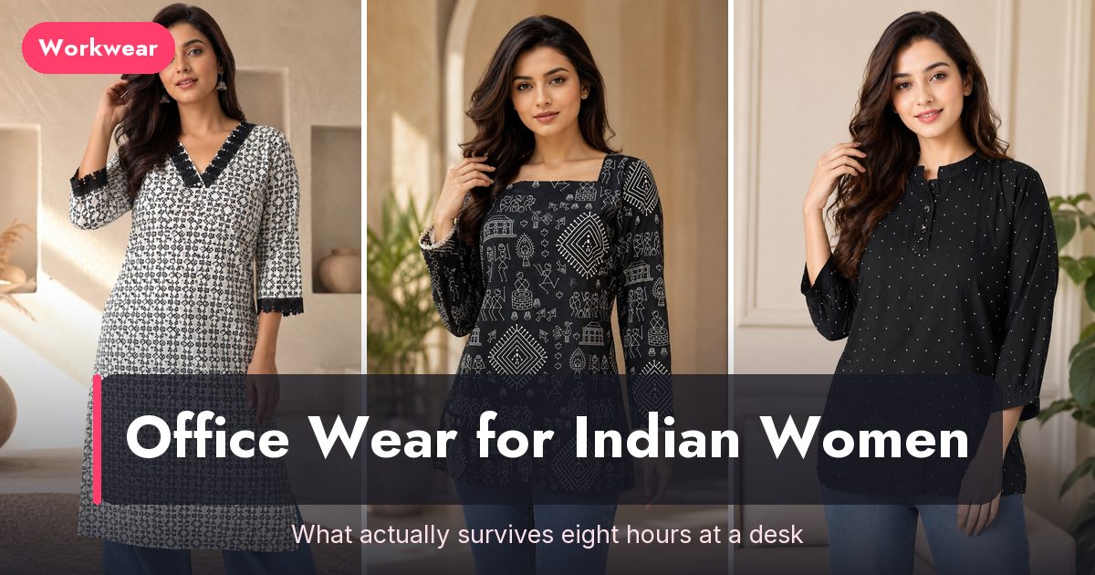 A printed cotton kurta, a square-neck cotton kurti and a mandarin-collar top styled as Indian office wear