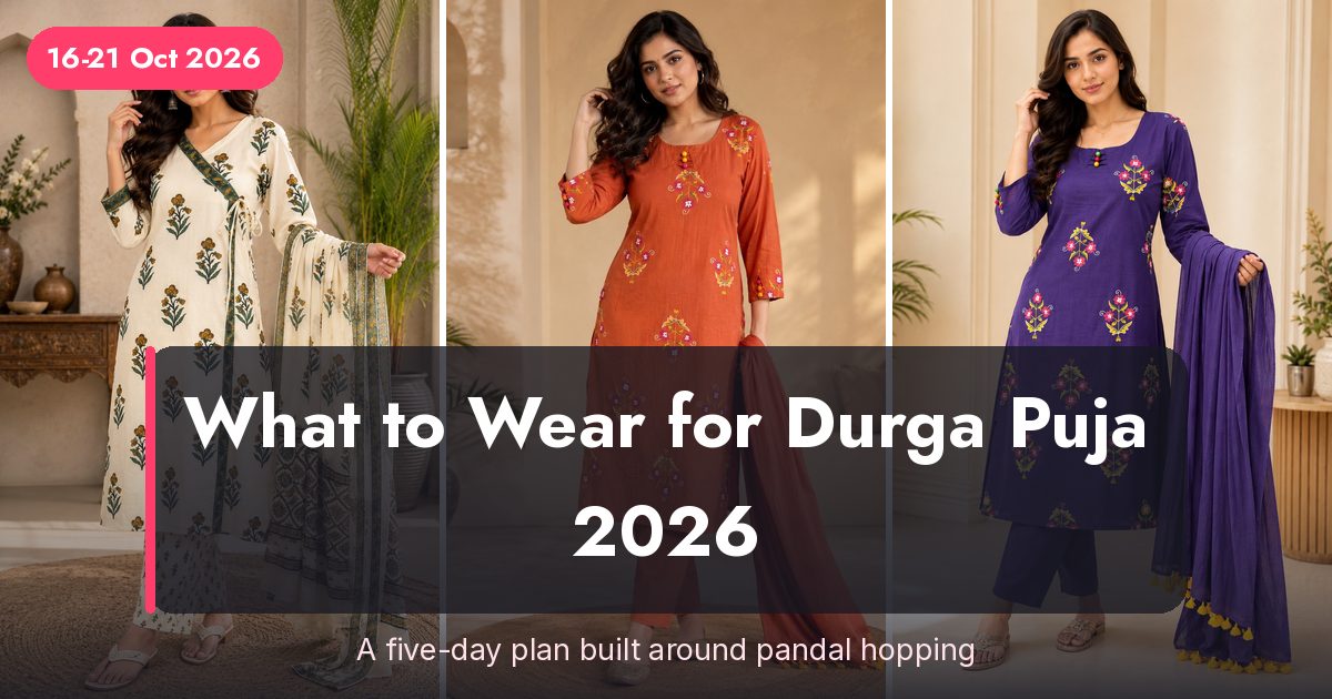 Cream, rust orange and purple printed kurta sets styled for the five days of Durga Puja 2026