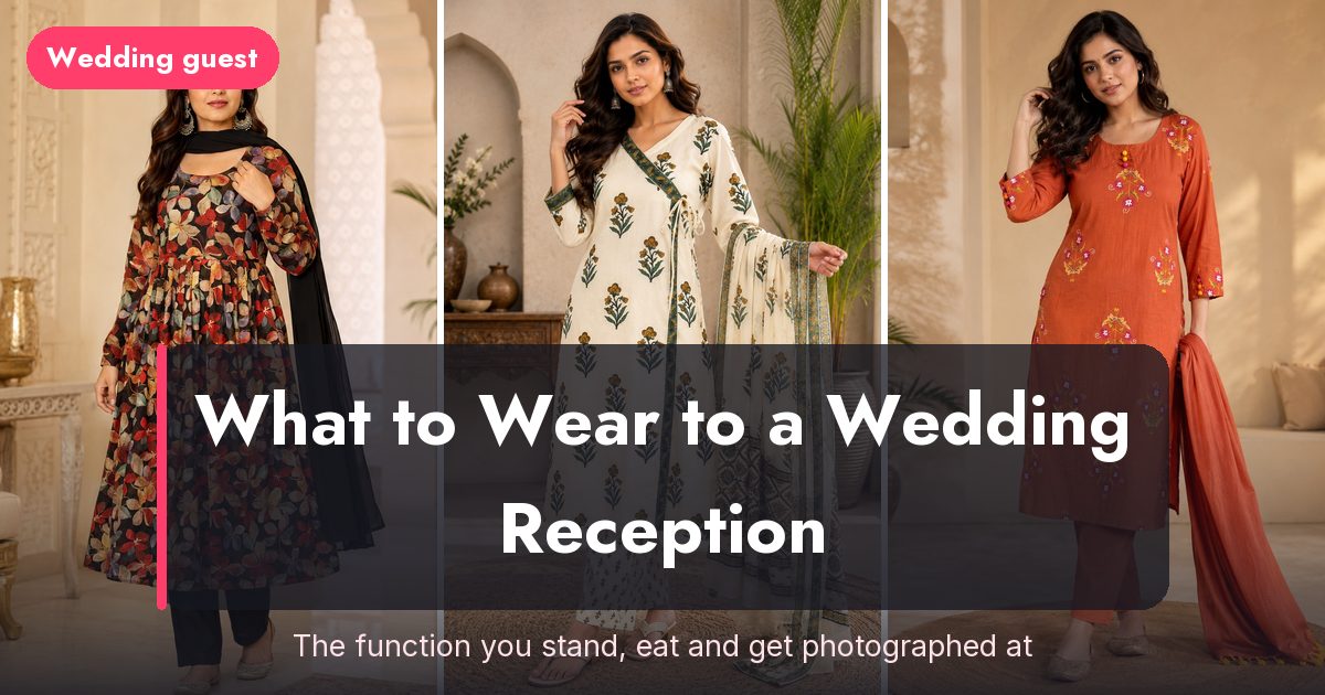 An Anarkali kurta set and two printed kurta sets with dupattas styled as wedding reception guest outfits