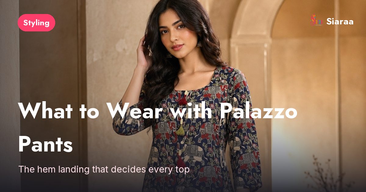 A straight-cut calf-length printed cotton kurta beside a shorter top, showing which hem length works over wide palazzo pants