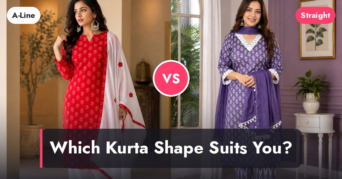 Two kurta silhouettes compared side by side — a red A-line kurta set and a purple straight kurta set