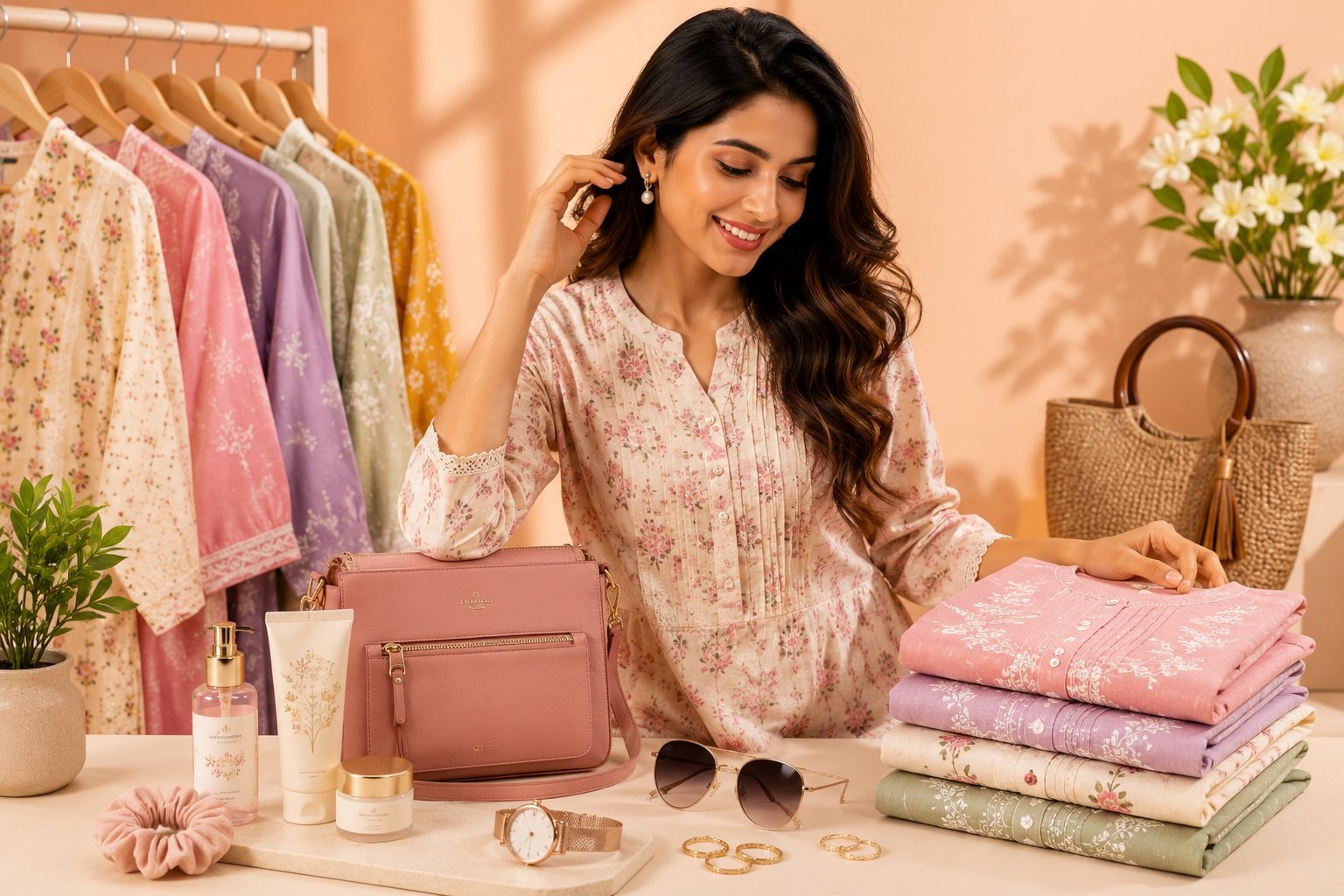 A woman in a pink floral cotton kurta beside a Siaraa clothing rail of kurtas, folded stacks and accessories