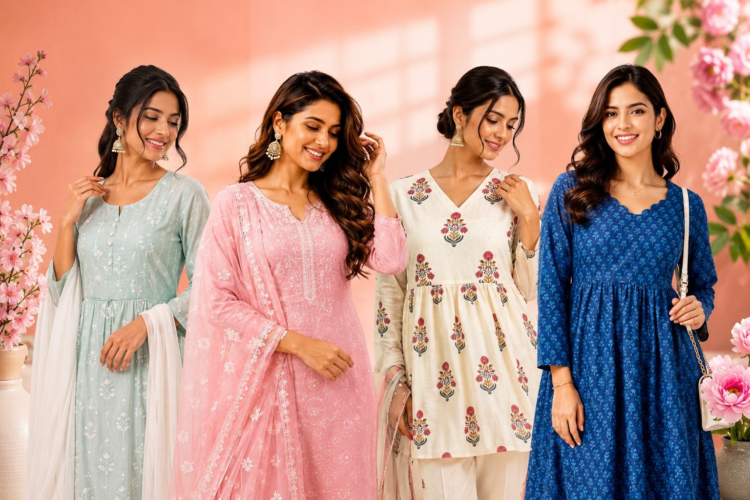 Four women wearing Siaraa ethnic wear — mint and pink cotton kurta sets, an ivory floral tunic top and a blue printed Anarkali